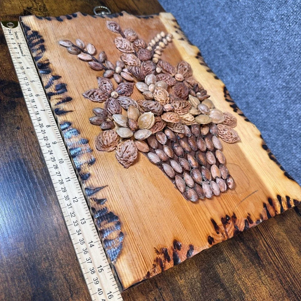 Vintage Handmade Seed Nut Peach Pit 3D Floral Wood Plaque Rustic Decor Whimsical